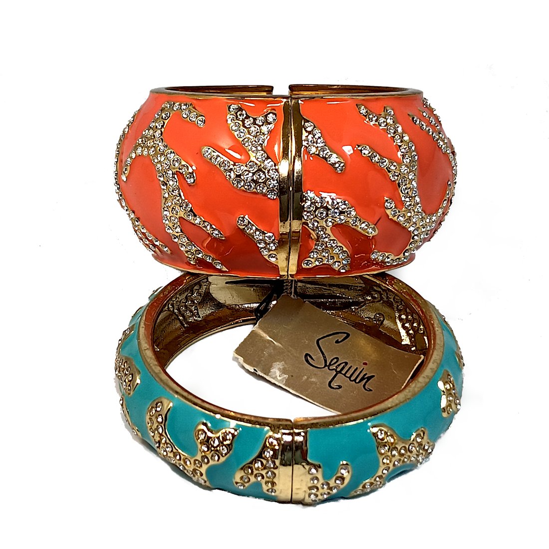 TWO SUPERB LARGE ENAMELED HINGED CUFF BANGLES RHINESTONES BY SEQUIN: THE SUPERB BRACELETS MEASURE 2.4" AND 2.25" IN INNER DIAMETER. THE STONES ARE ALL TESTED WITH THE PRESIDIUM GEM TESTER. STANDS ARE FOR DISPLAY ONLY, NOT INCLUDED UNLESS OTHERWISE STATED. PROPERTY OF A