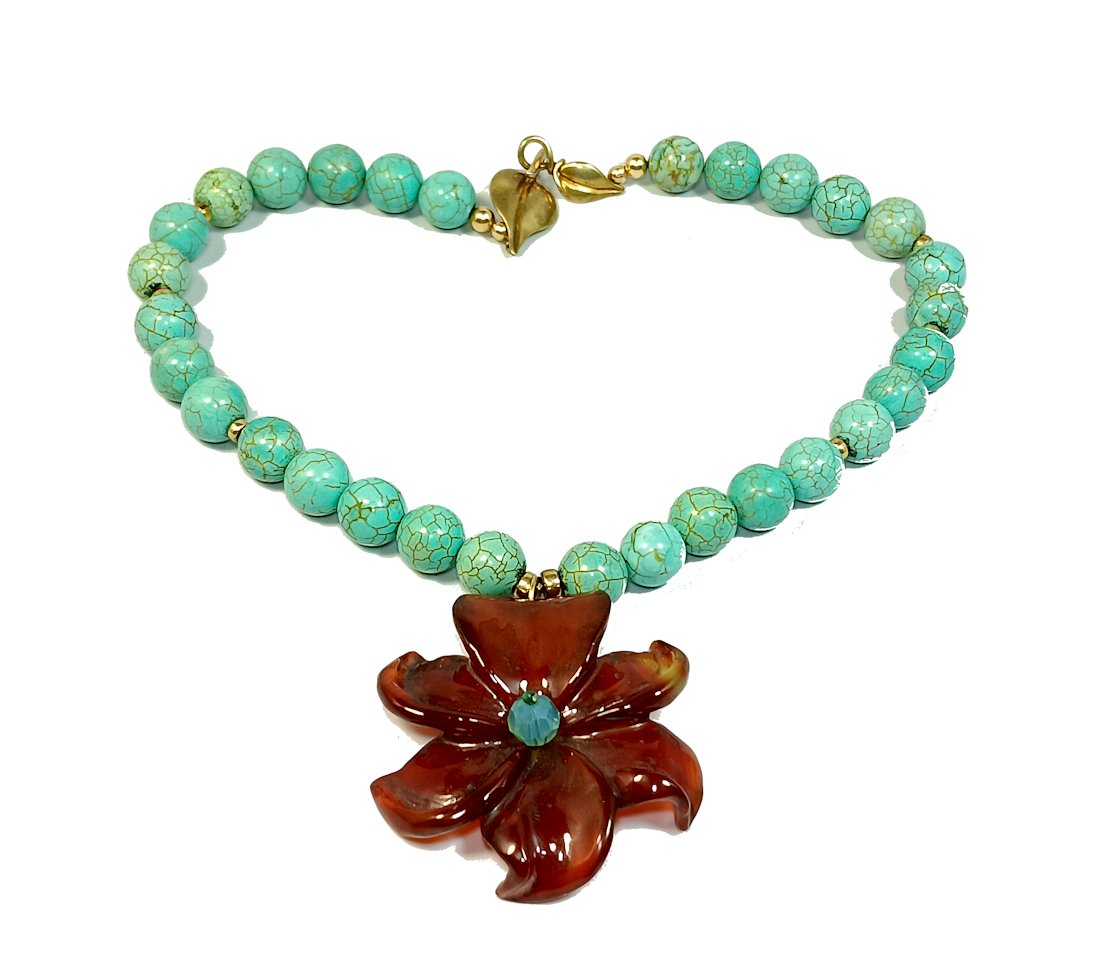 A WONDERFUL CARNELIAN FLOWER TURQUOISE NECKLACE 16"   925 (1 of 5)