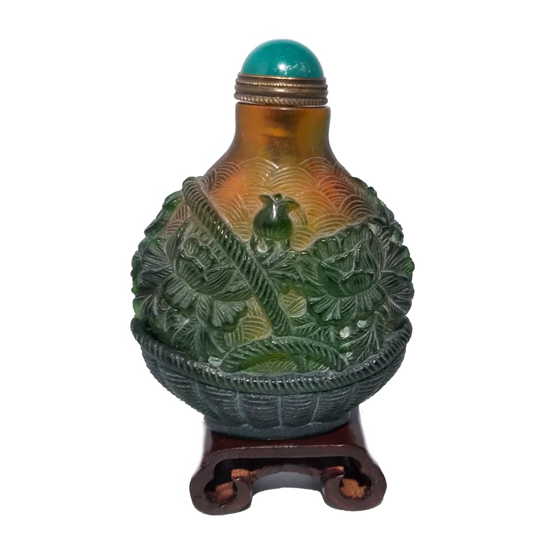 CHINESE PEKING GLASS SNUFF BOTTLE GREEN BASKETWEAVE FLOWERS QIANLONG (1 of 8)