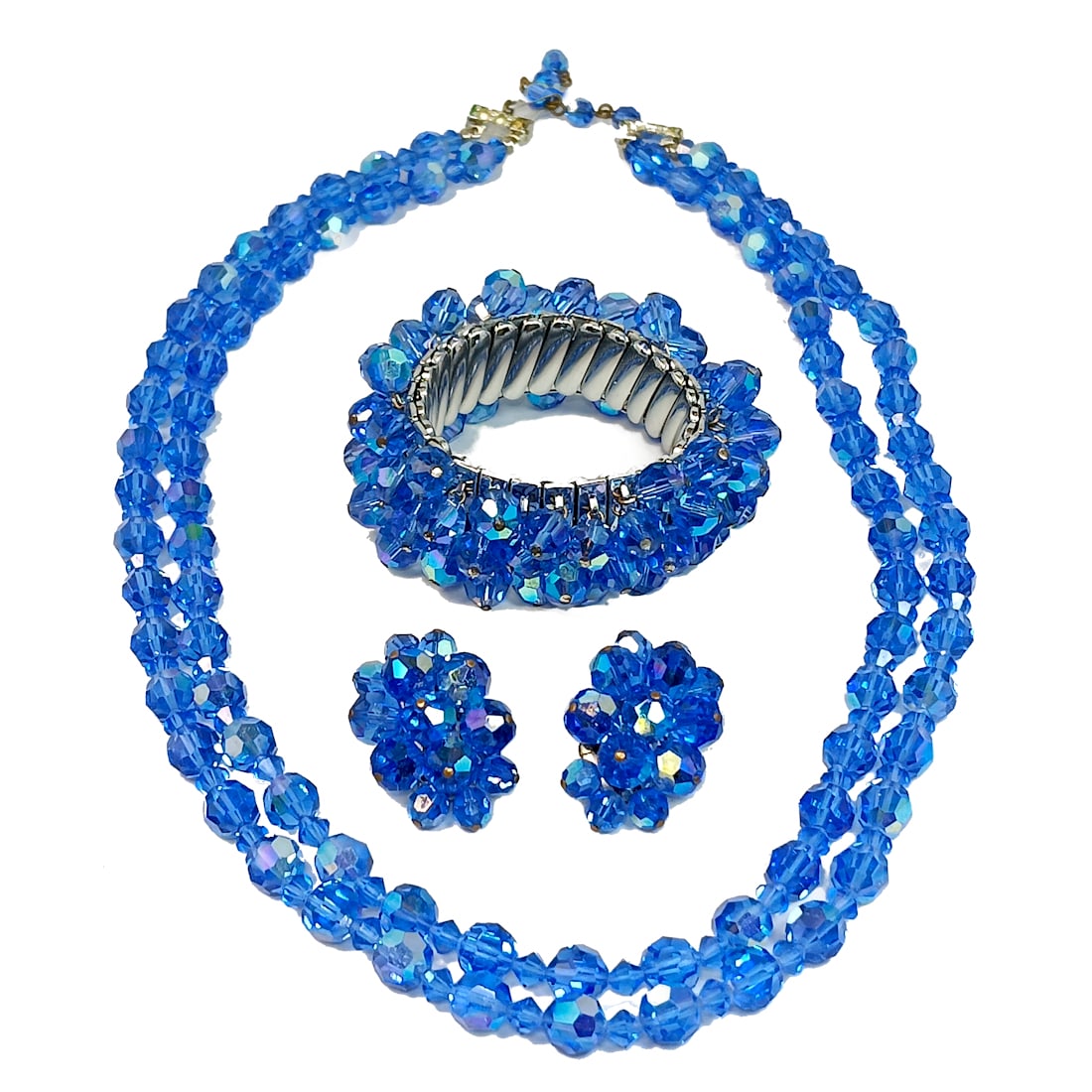 A DELIGHTFUL MID-CENTURY VINTAGE BLUE CRYSTAL SET NECKLACE BRACELET EARS (1 of 3)