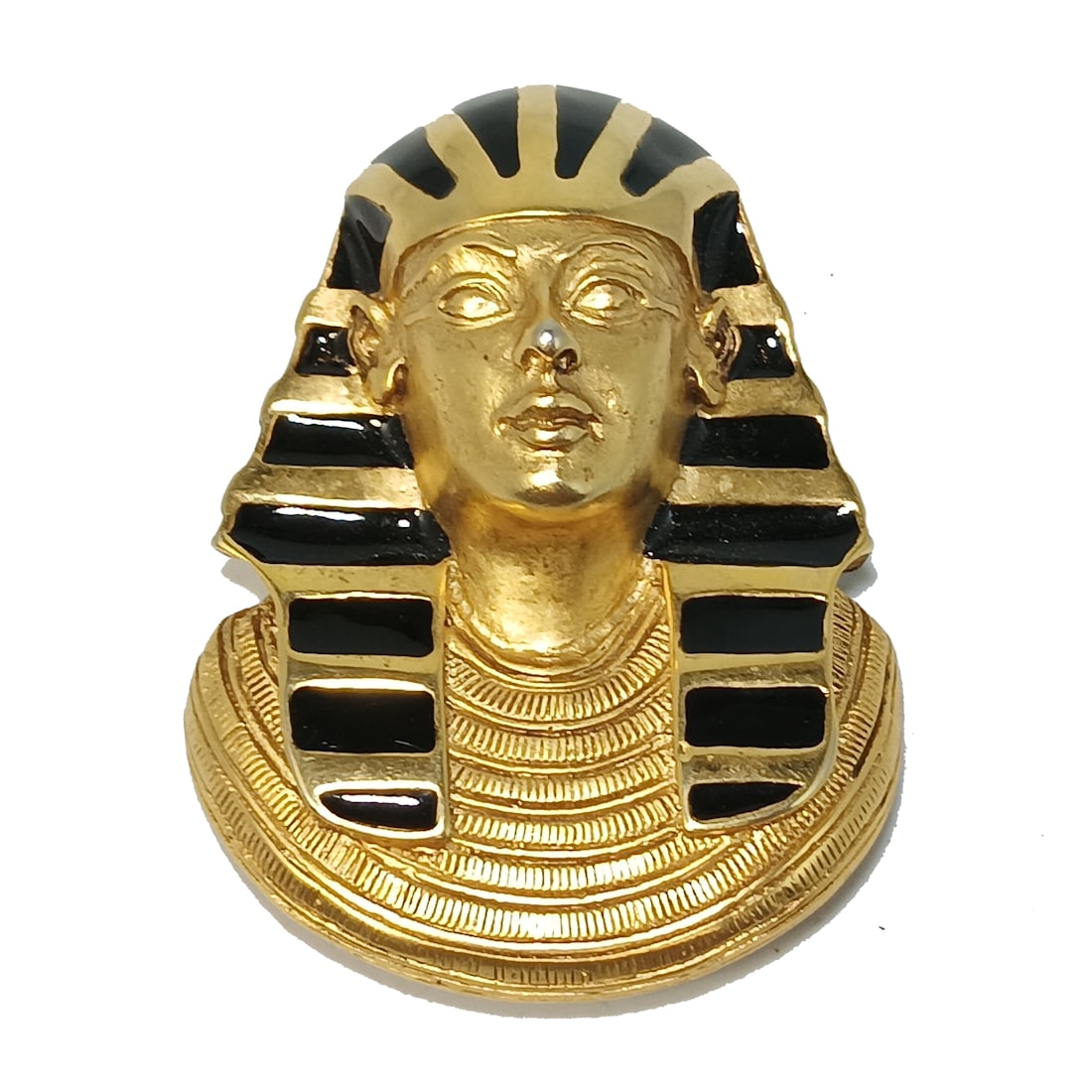 A VINTAGE EGYPTIAN REVIVAL BROOCH KING TUT BY ERWIN PEARL: THE STUNNING BROOCH IS SIGNED E. PEARL. IT IS VERY FINELY CRAFTED AND ENAMELED. IT IS 2" TALL BY 1.6" WIDE. WE PROVIDE IN-HOUSE/COMBINED SHIPPING FOR YOUR CONVENIENCE.