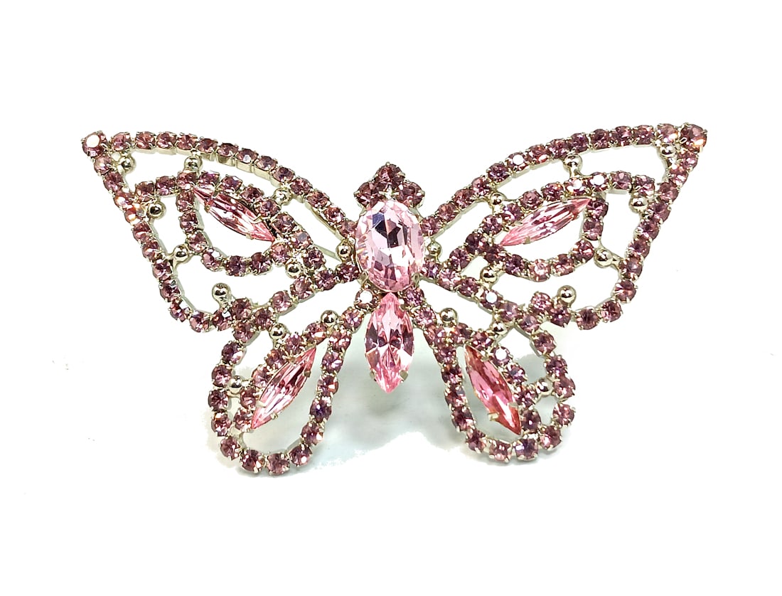 SUPERB LARGE 3.75" BY 2.1" VINTAGE BUTTERFLY BROOCH PRONG SET RHINESTONES (1 of 6)