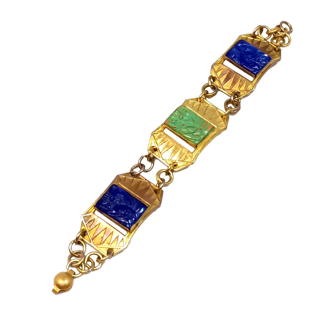 A STUNNING ART DECO BRACELET CZECH MOLDED GLASS: OFFERED HERE IS A STUNNING ART DECO BRACELET WITH PANELS OF CZECH MOLDED GLASS. IT MEASURES 7" LONG AND 0.8 INCHES WIDE. WE OFFER IN-HOUSE/COMBINED SHIPPING FOR AN EASY CHECKOUT.