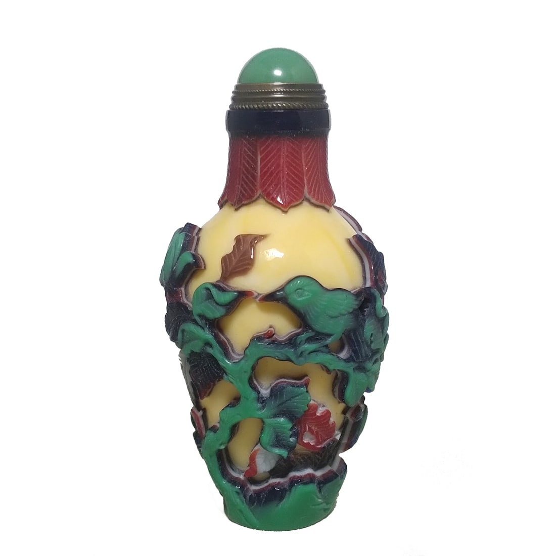 CHINESE SNUFF BOTTLE 5 LAYERS PEKING GLASS BIRDS LOTUS (1 of 9)