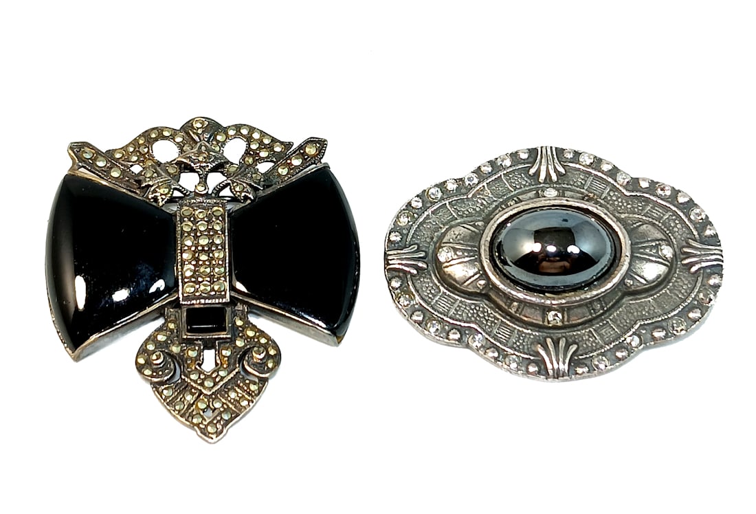 2 STERLING BROOCHES MARCASITE RHINESTONES HEMATITE (1 of 3)