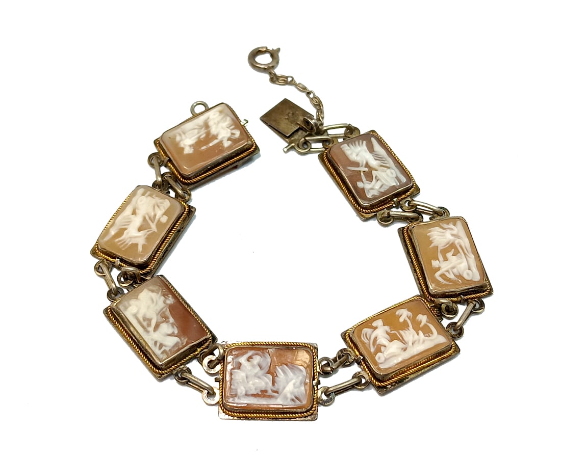A FINELY CARVED ITALIAN SHELL CAMEO BRACELET 7 GODS 7" STERLING SILVER (1 of 4)