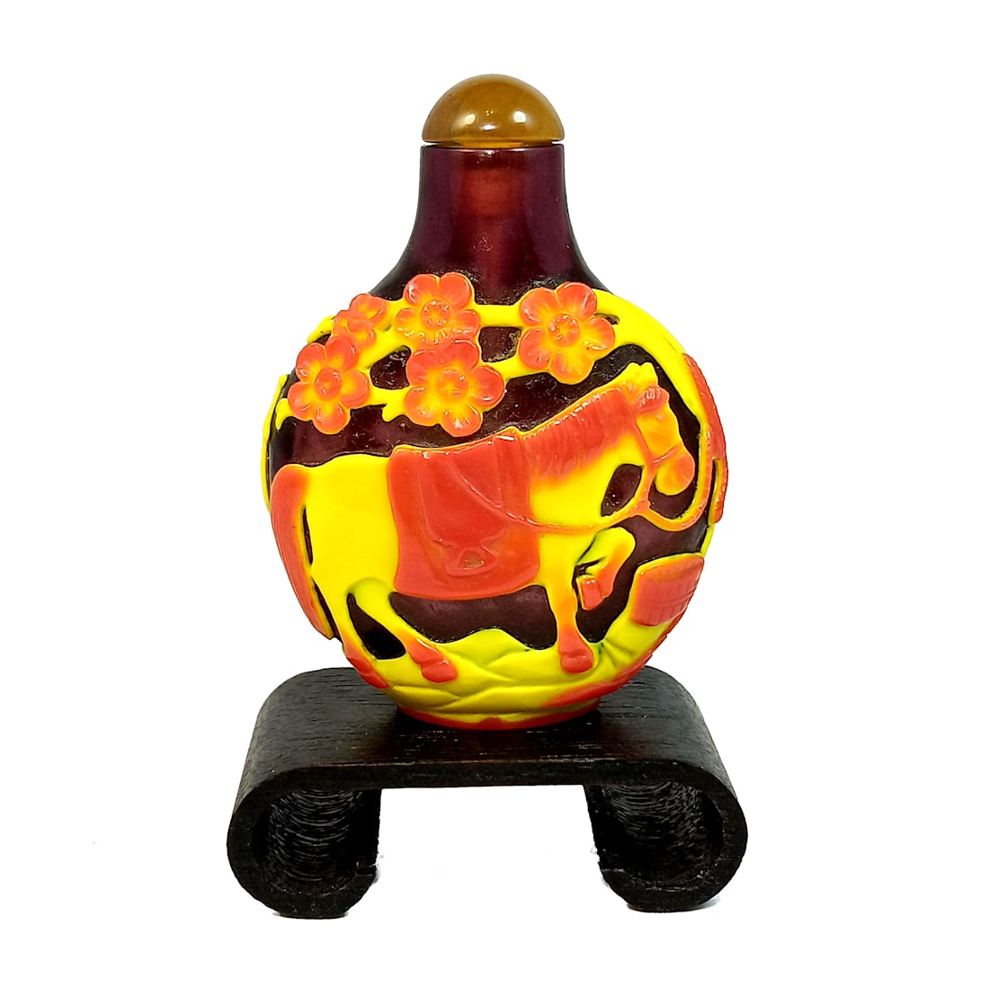 FINE ANTIQUE CHINESE PEKING GLASS SNUFF BOTTLE HORSE DEER STORK FLOWER TREE (1 of 10)