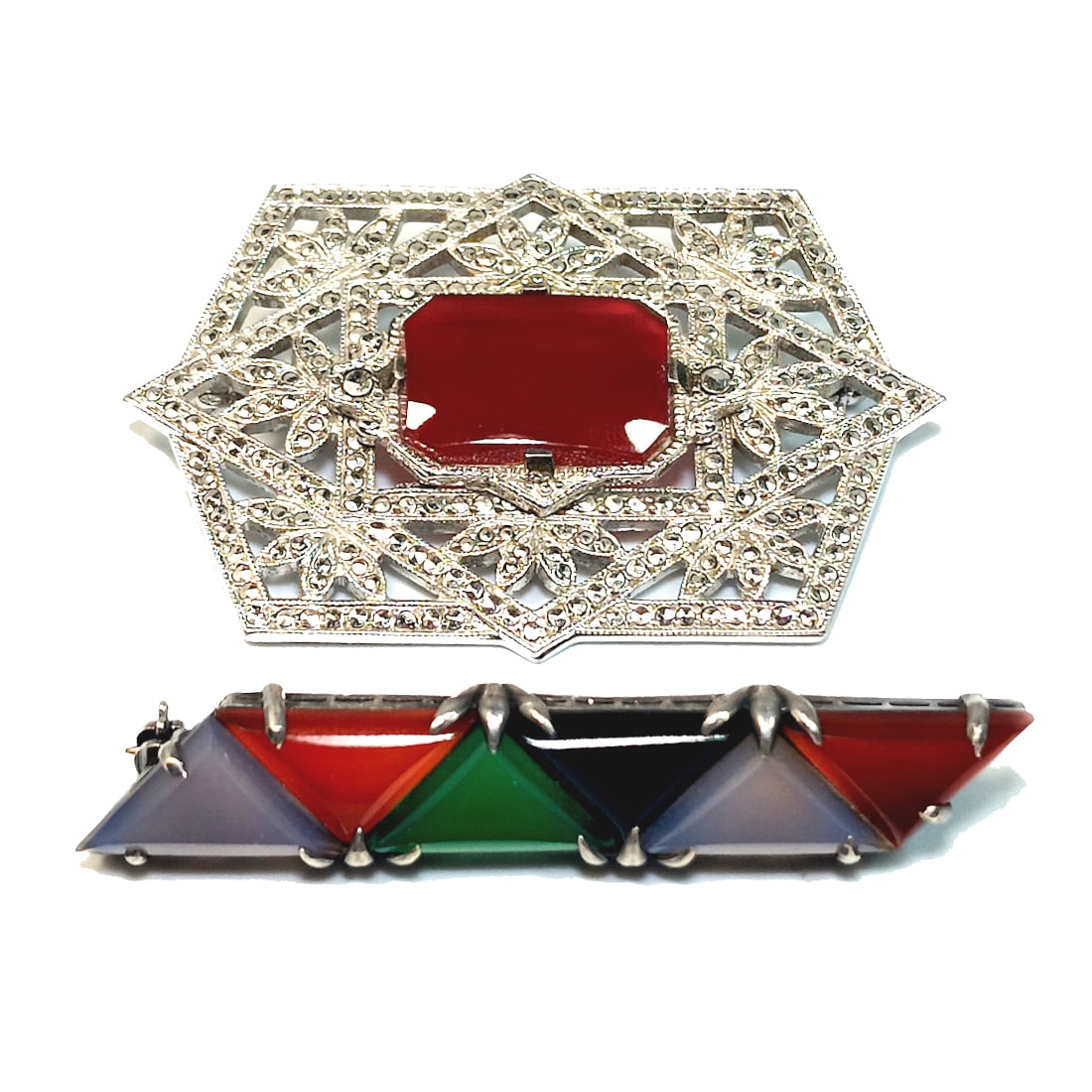 LOT OF 2 ART DECO STERLING BROOCHES  INLAID ONYX CARNELIAN CHALCEDONY (1 of 4)