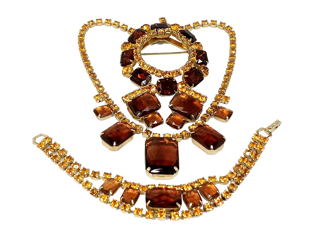 SUPERB VINTAGE RHINESTONE PARURE TOPAZ NECKLACE EARRINGS BROOCH COSTUME JEWELRY (1 of 4)