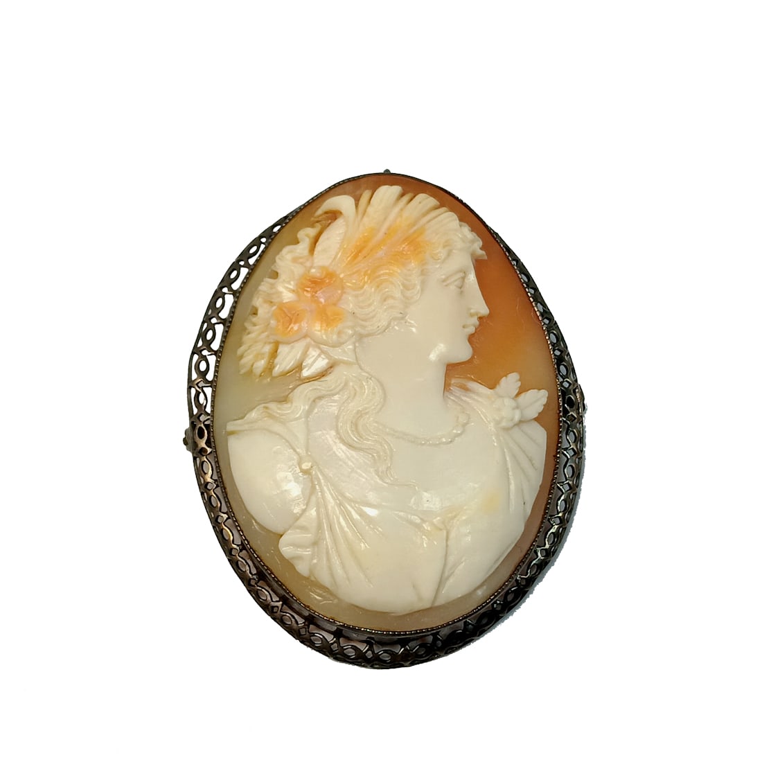 EXQUISITE VERY LARGE ANTIQUE SHELL CAMEO FILIGREE SILVER SETTING (1 of 4)