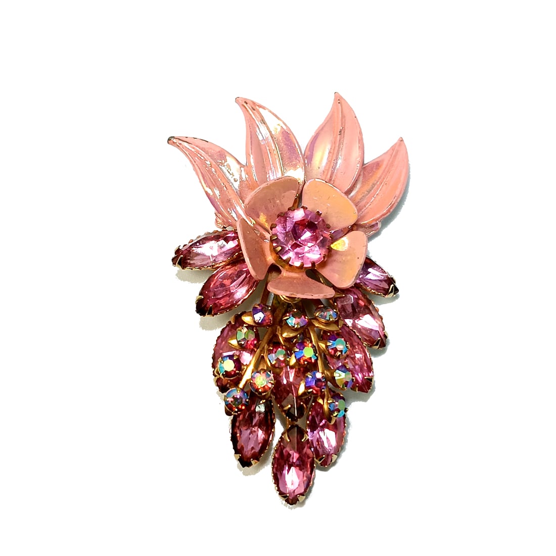 A BEAUTIFUL LARGE 3" BY 1.75" VINTAGE BROOCH PINKS FLORAL ENAMEL (1 of 4)