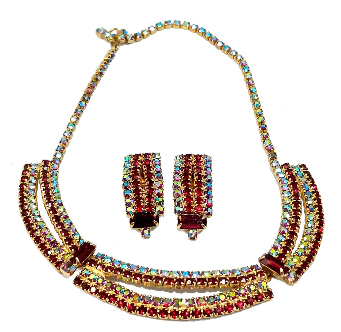 A  FINE VINTAGE RHINESTONE LOT  NECKLACE EARRINGS  RED AURORA BOREALIS (1 of 3)