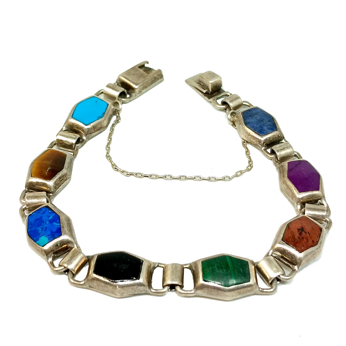 MEXICO STERLING SILVER BRACELETS STONES INLAY 29 GRAMS 7.5" (1 of 5)