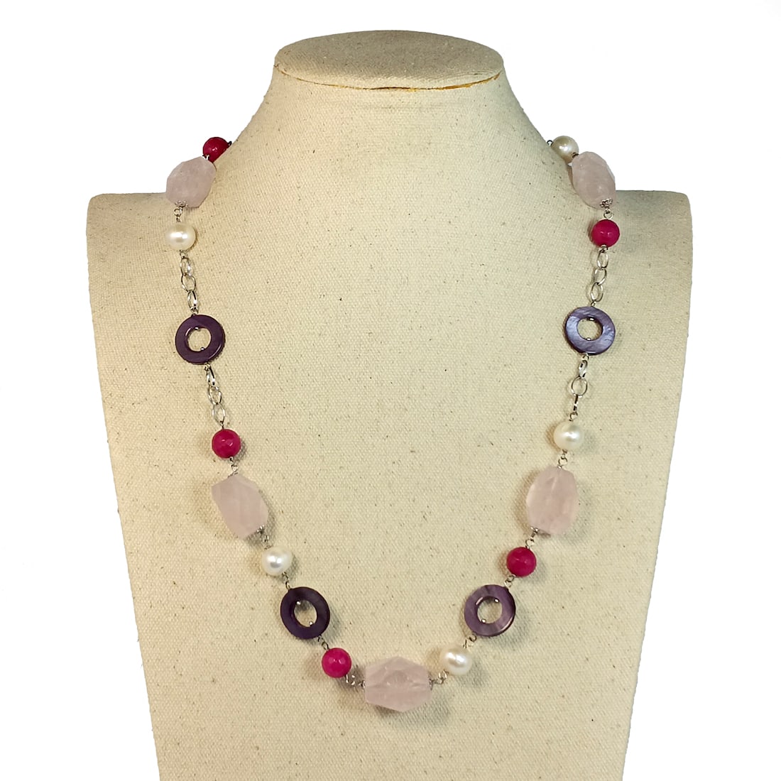 A LOVELY ROSE QUARTZ PEARLS AND STERLING SILVER NECKLACE 22" (1 of 3)