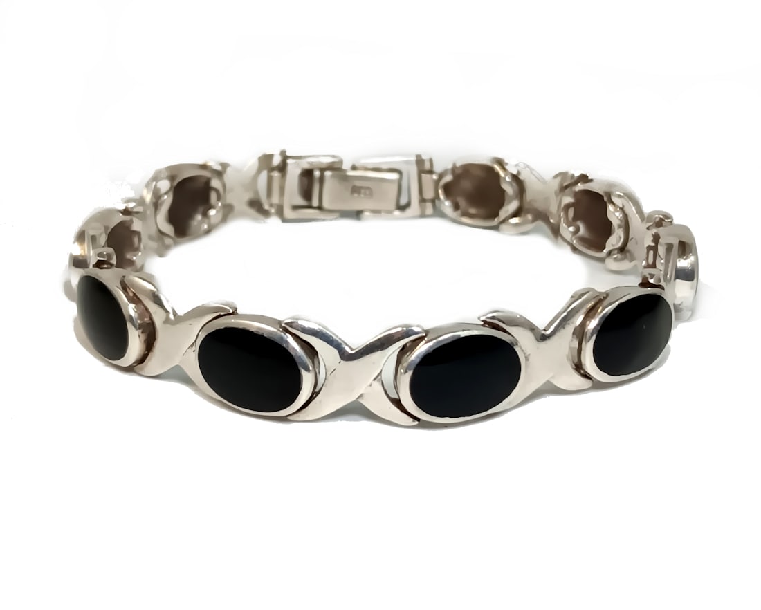 STERLING SILVER BRACELETS ONYX INLAY 22 GRAMS 7.5" (1 of 6)