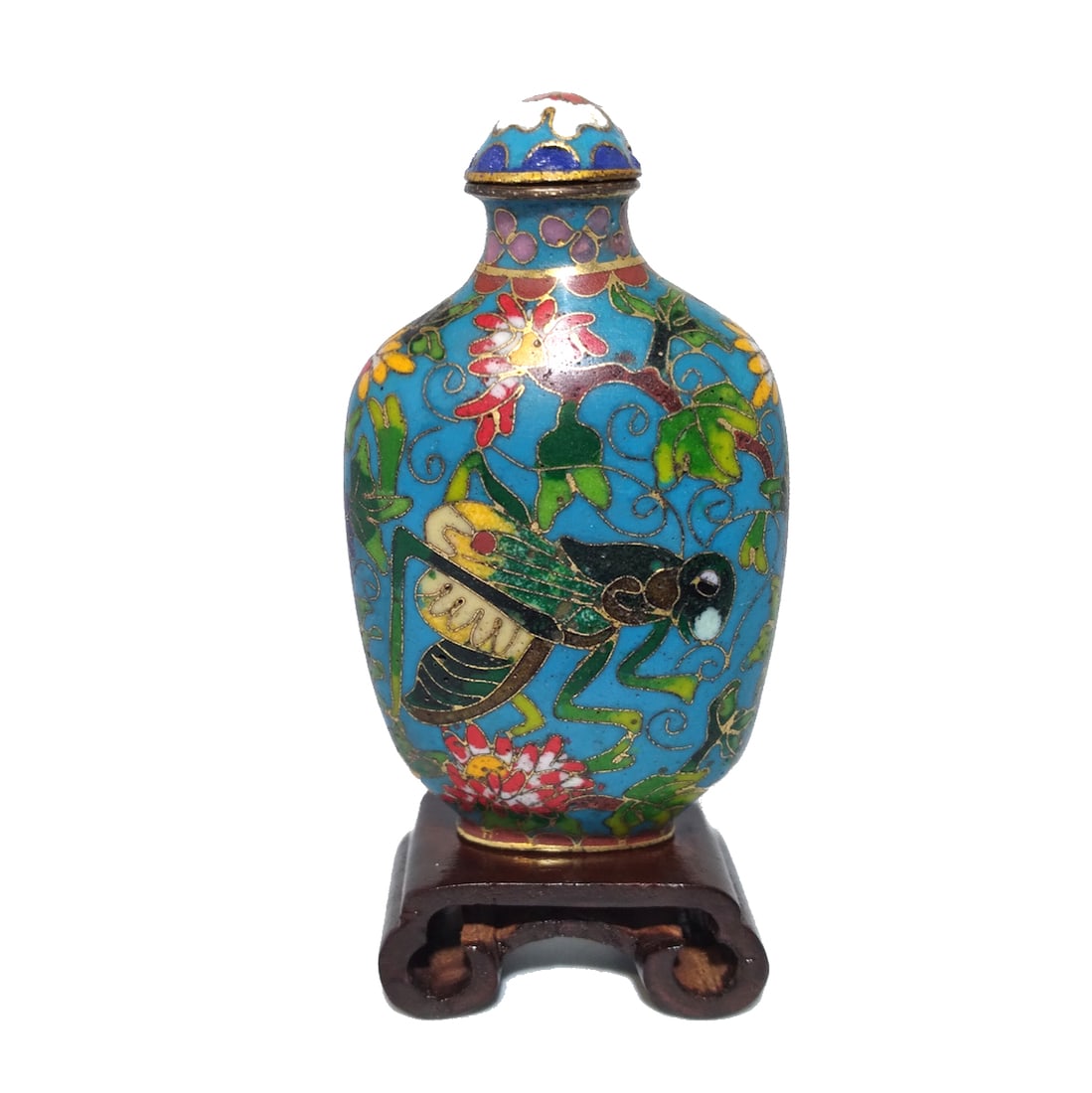ANTIQUE CHINESE CLOISONNE SNUFF BOTTLE CRICKET FLOWERS (1 of 10)