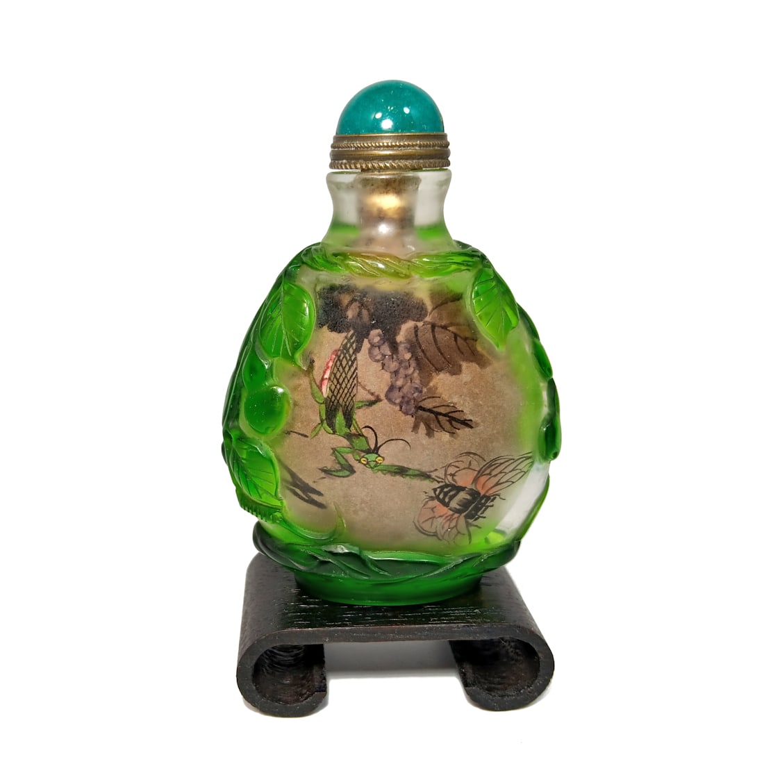CHINESE PEKING GLASS SNUFF BOTTLE PAINTED INSIDE CRICKET MANTIS ARTIST SIGNATURE (1 of 10)