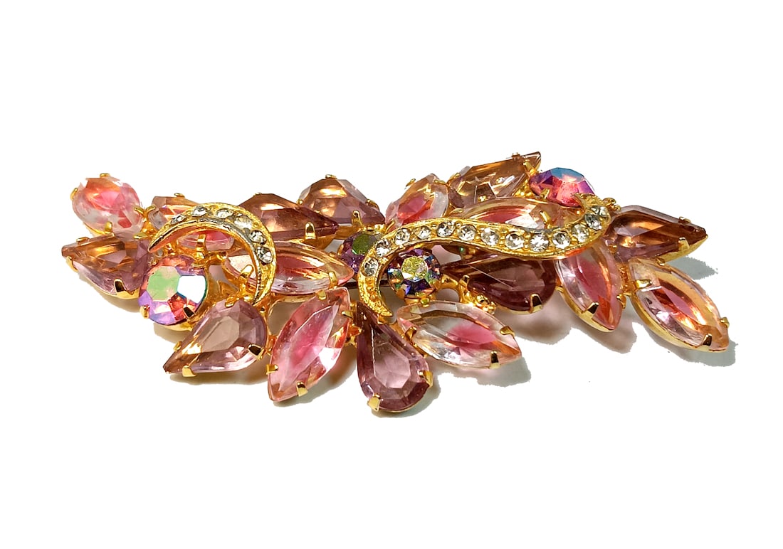 A LARGE VINTAGE RHINESTONE BROOCH MID-CENTURY PINK 3.1" (1 of 3)