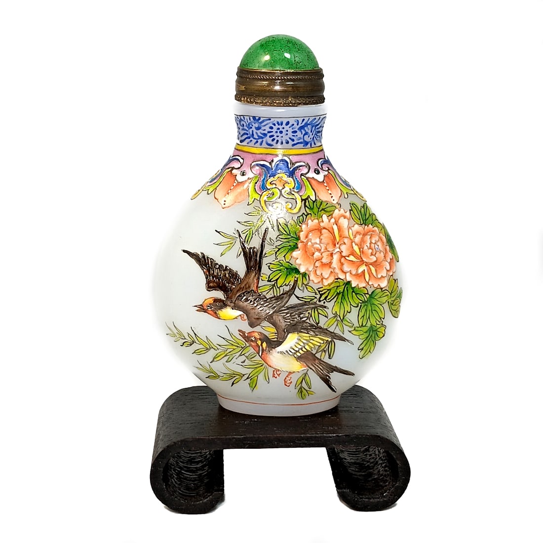 CHINESE SNUFF BOTTLE ENAMEL ON GLASS BIRDS PEONIES YONGZHENG MARK: THE EXQUISITELY CHINESE ENAMELED SNUFF BOTTLE IS 2.9 INCHES TALL. IT BEARS A YONGZHENG MARK. THE SNUFF BOTTLE IS FEATURES BIRDS AND PEONIES ON BOTH SIDES. STANDS ARE FOR DISPLAY ONLY, NOT INCLUDEDUNLE