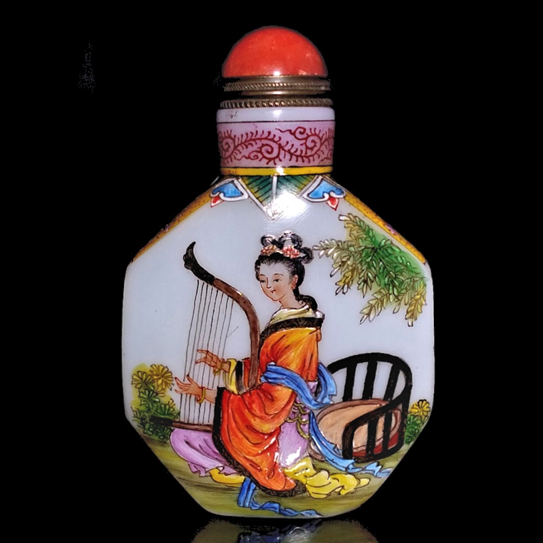FINE ENAMEL CHINESE PEKING GLASS SNUFF BOTTLE LADIES HARP QIANLONG MARK (1 of 8)