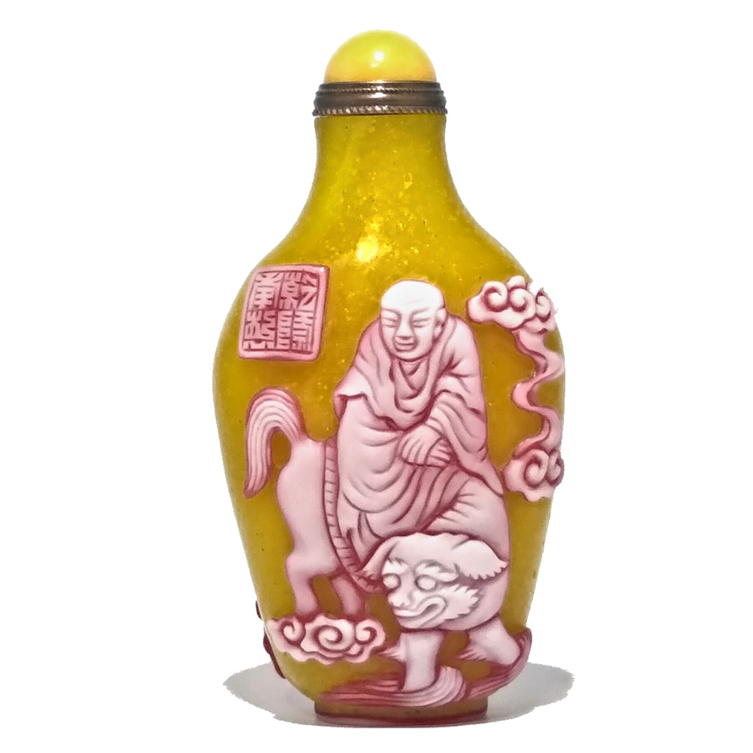 CHINESE PEKING GLASS SNUFF BOTTLE IMMORTAL RIDING LION QIANLONG SEAL (1 of 6)