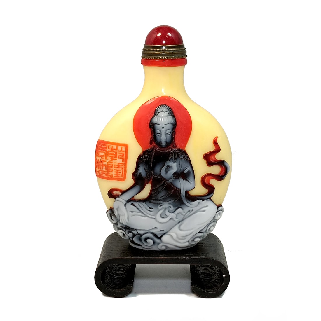 FINE CHINESE PEKING GLASS SNUFF BOTTLE QUANYIN TARA 6 ARMS QIANLONG SEAL (1 of 9)