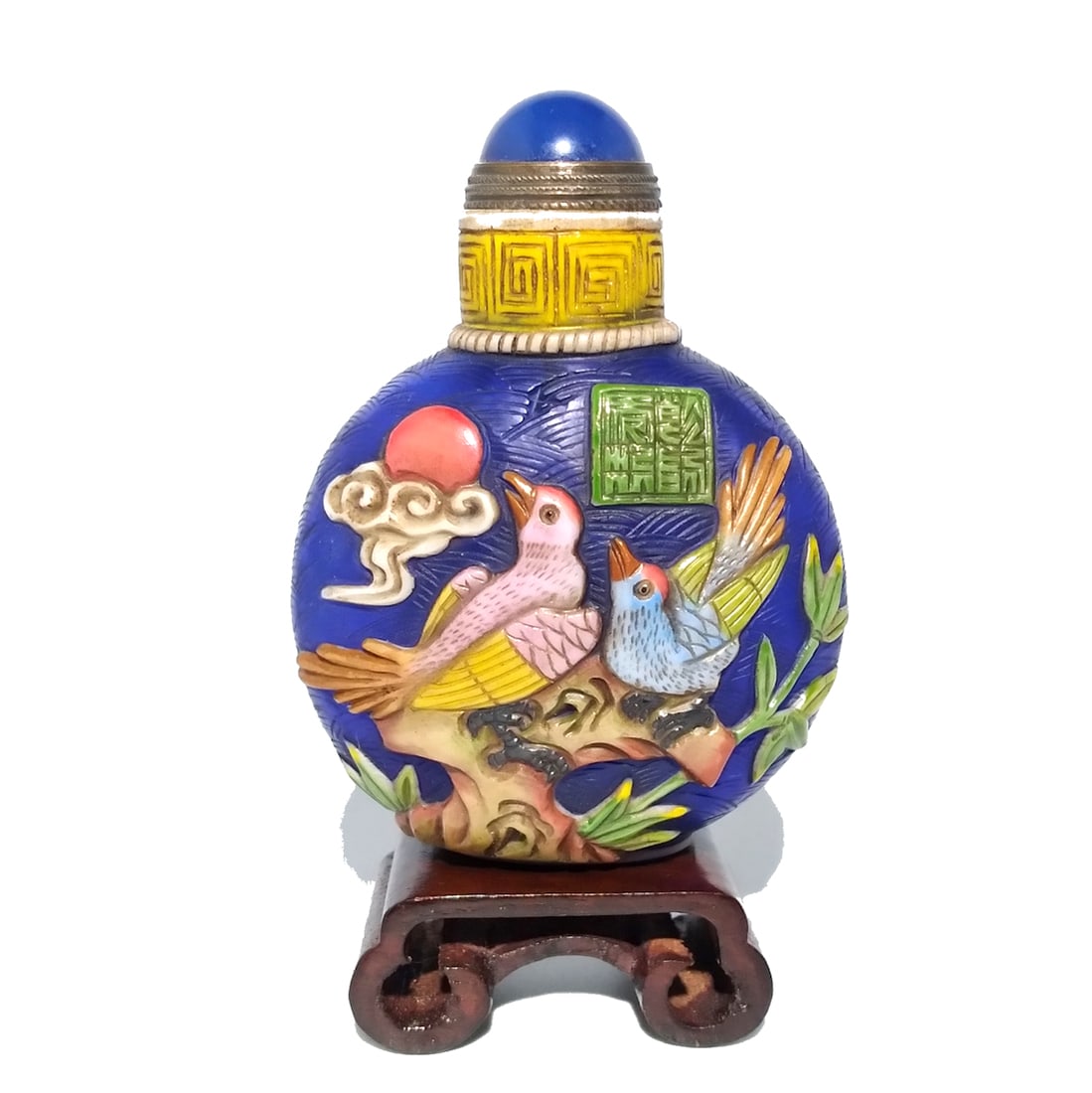 BEAUTIFUL CHINESE ENAMEL ON GLASS BIRDS PARROT QIANLONG SEAL: THE BEAUTIFUL CHINESE SNUFF BOTTLE FEATURES BIRDS AND FLOWERS ON BOTH SIDES. IT IS 2.9 INCHES TALL AND BEARS THE QIANLONG SEAL. STANDS ARE FOR DISPLAY ONLY, NOT INCLUDED UNLESS OTHERWISE STATED. PROPE