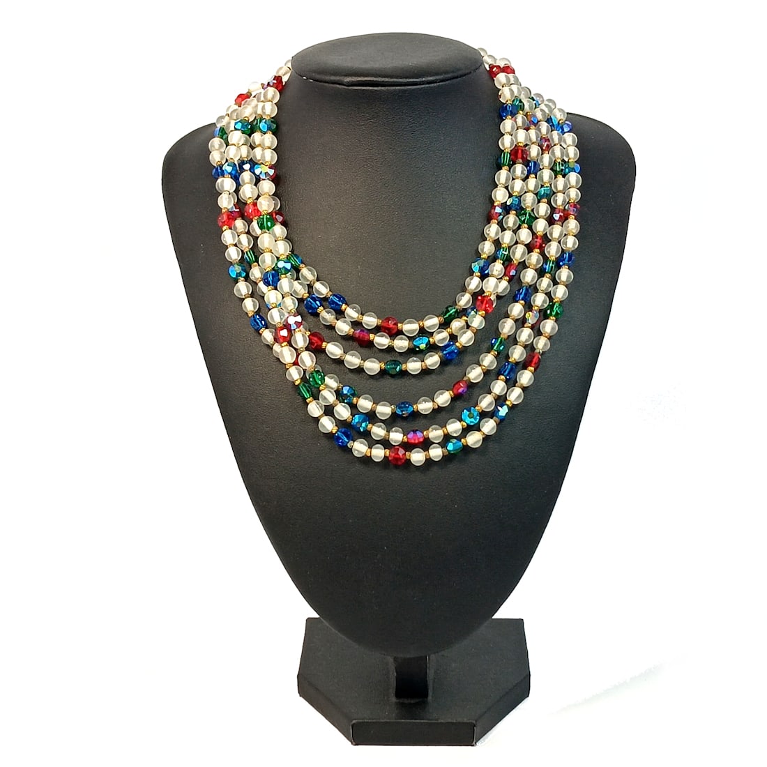 STUNNING VINTAGE LARGE MULTI STRAND CRYSTAL NECKLACE BLUE RED GREEN (1 of 3)
