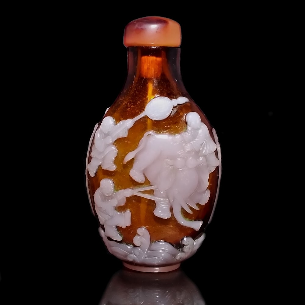 EXQUISITE CHINESE CARVED SNUFF BOTTLE ELEPHANT TAMING QIANLONG SEAL (1 of 9)