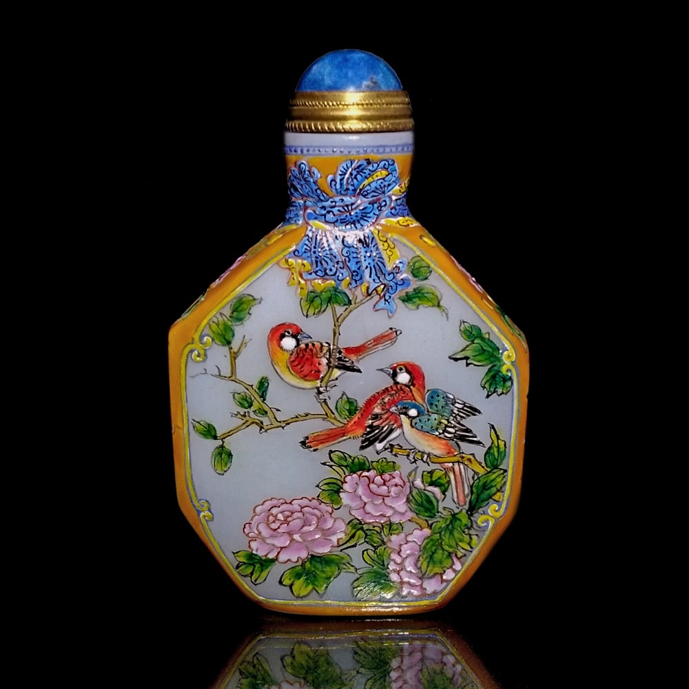 FINE CHINESE ENAMEL PEKING GLASS SNUFF BOTTLE PEONIES BIRDS YONGZHENG MARK (1 of 8)