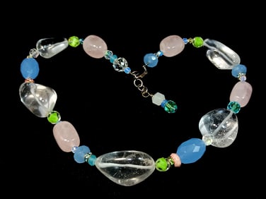 A FABULOUS ROCK QUARTZ , ROSE QUARTZ AND CHALCEDONY NECKLACE STERLING