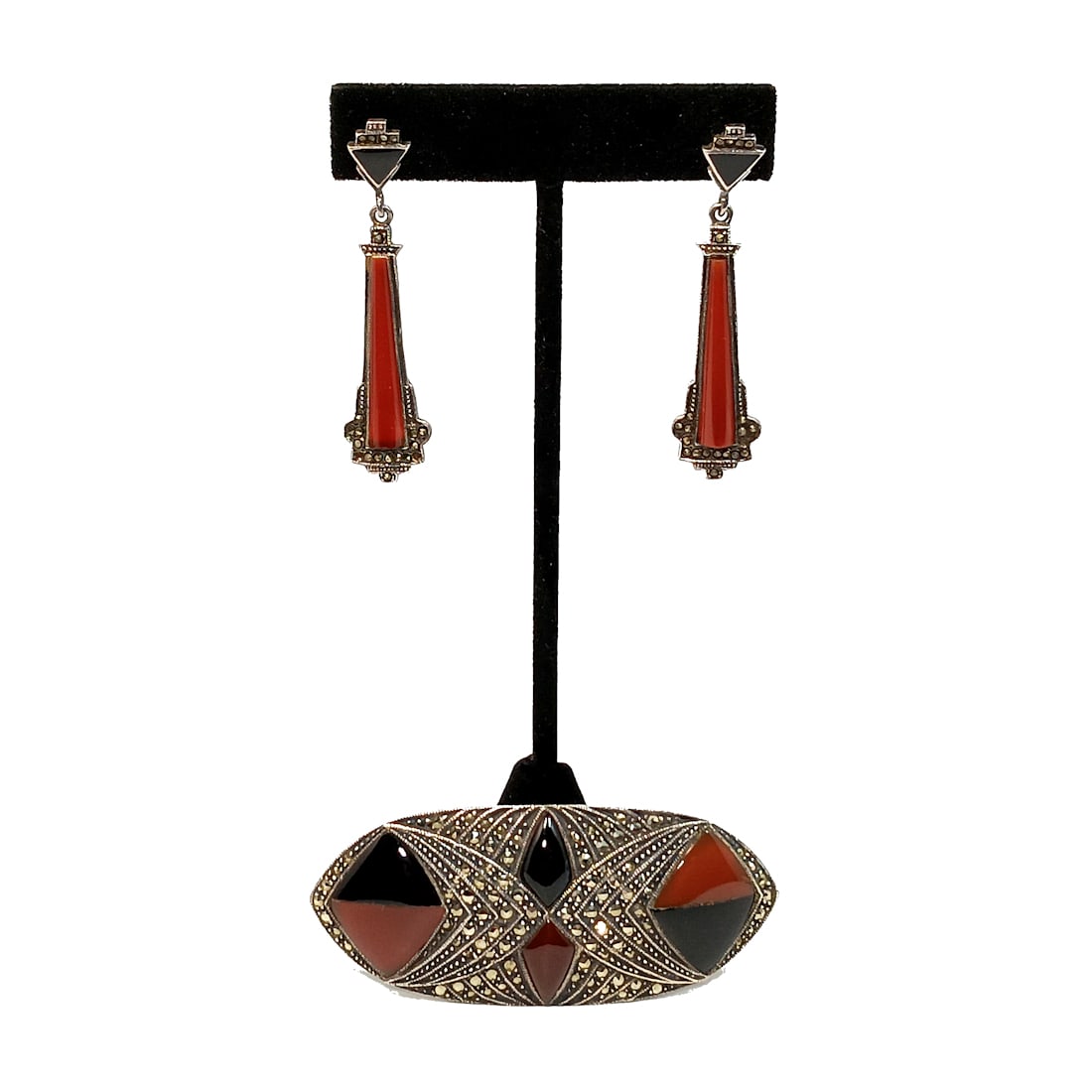 LARGE DECO STERLING MARCASITE BROOCH & EARRINGS INLAID ONYX CARNELIAN (1 of 5)