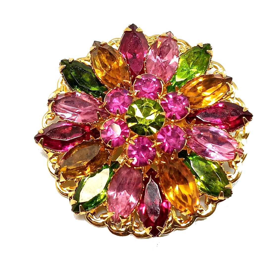 A STUNNING VINTAGE RHINESTONE BROOCH PINK GREEN YELLOW CAVINESS (1 of 4)