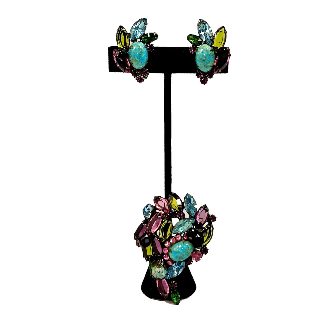 A SUPERB MID-CENTURY VINTAGE RHINESTONE BROOCH AND EARRINGS CAVINESS (1 of 4)