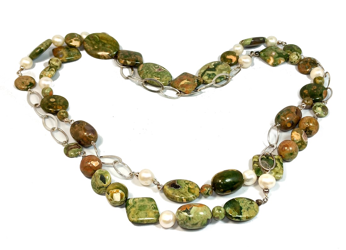 A STUNNING LONG 50" MOOKAITE JASPER BEAD NECKLACE STERLING AND PEARLS (1 of 4)