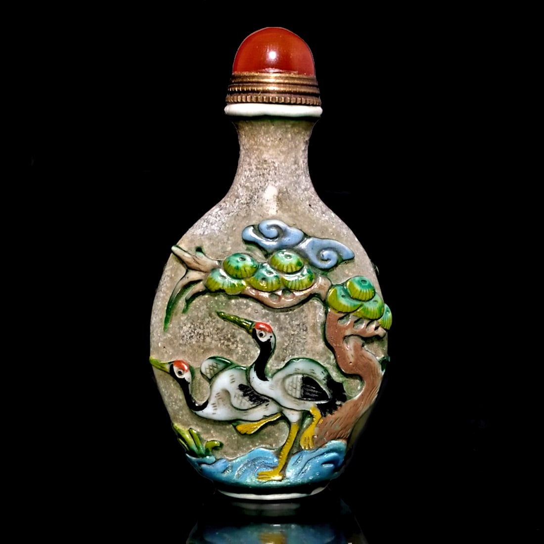 CHINESE CARVED ENAMELED PEKING GLASS SNUFF BOTTLE STORKS QIANLONG SEAL (1 of 8)