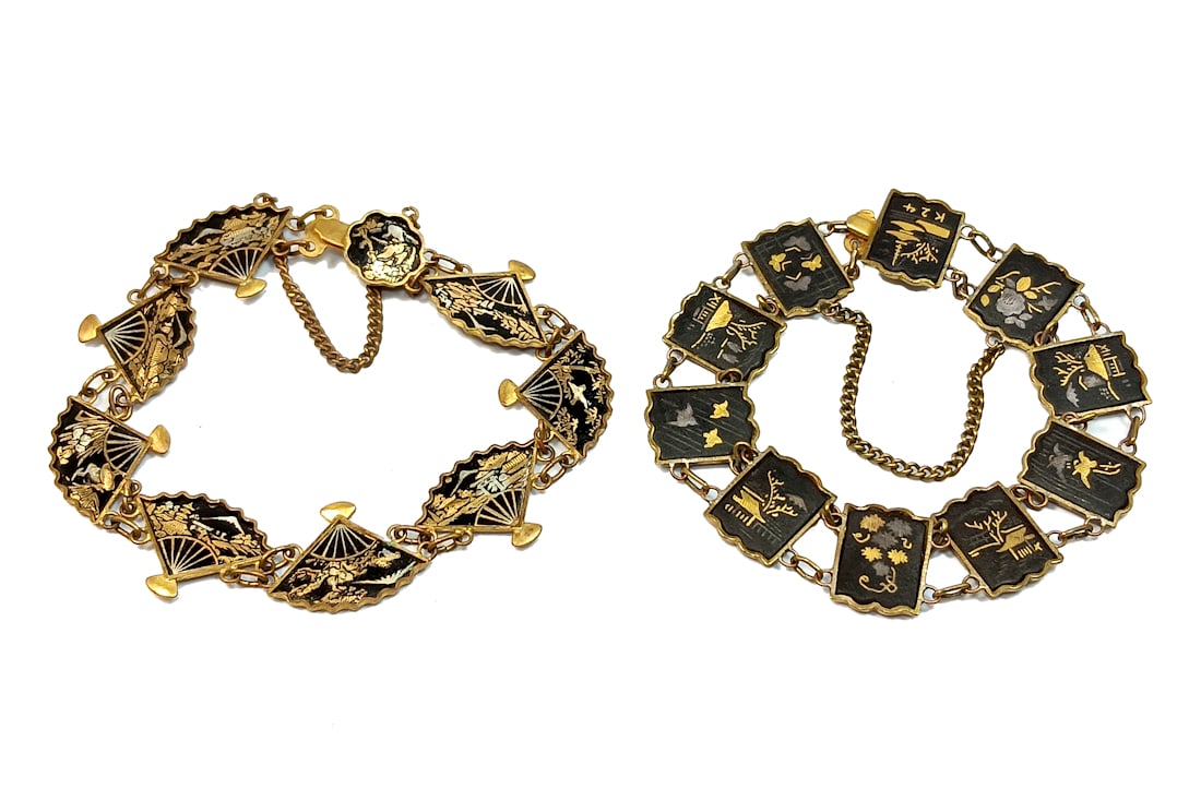 A LOT OF 2 VINTAGE JAPANESE DAMASCENE BRACELETS: OFFERED HERE IS A LOT OF 2 VINTAGE JAPANESE DAMASCENE BRACELETS. THEY FEATURE FINE IMAGES CREATED WITH GOLD AND SILVER INLAY. THE BRACELETS ARE 6.5" LONG. WE PROVIDE IN-HOUSE/COMBINED SHIPPING FOR YOU