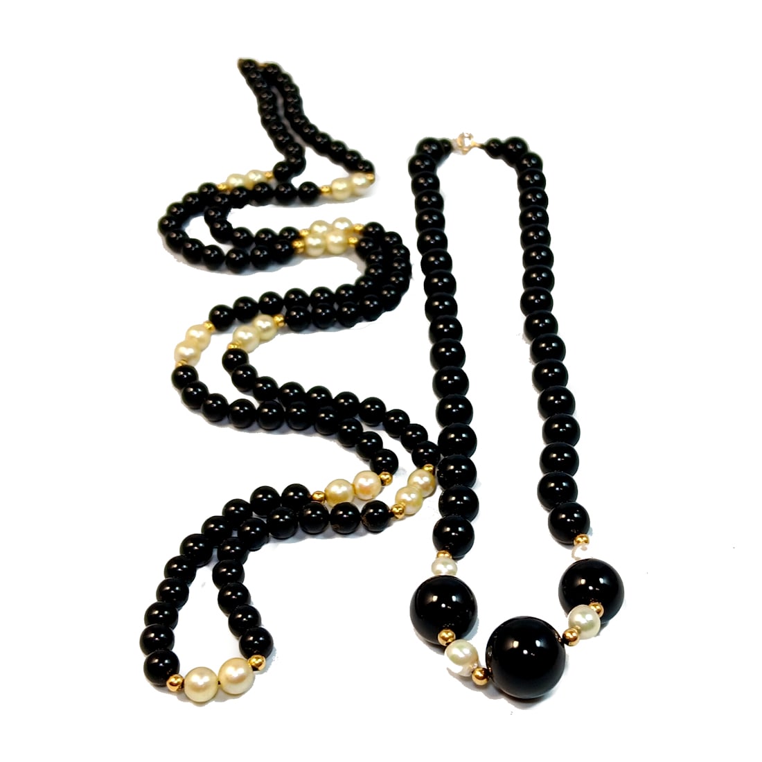 TWO VINTAGE ONYX AND AKOYA PEARLS NECKLACES 14K GOLD (1 of 3)