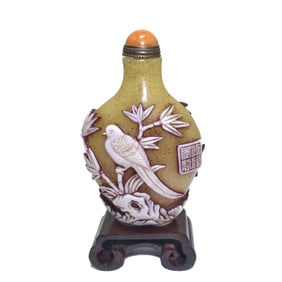 BEAUTIFUL CHINESE PEKING GLASS SNUFF BOTTLE BIRDS TREE QIANLONG SEAL