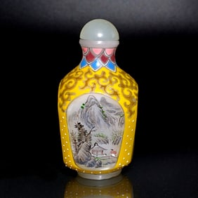 BEAUTIFUL CHINESE ENAMEL PEKING GLASS SNUFF BOTTLE LANDSCAPE SIGNED