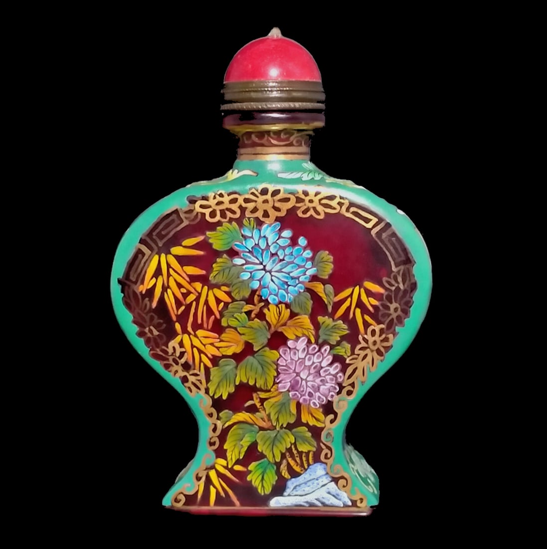 CHINESE PEKING GLASS SNUFF BOTTLE ENAMELED FLOWERS QIANLONG MARK (1 of 7)