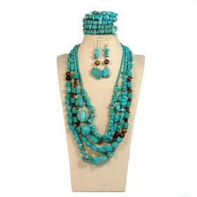 A FANTASTIC TURQUOISE AND TIGER'S EYE NECKLACE BRACELET EARRINGS
