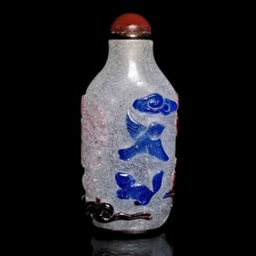 FINE CHINESE PEKING GLASS SNUFF BOTTLE 5 COLORS SQUIRREL BIRD PEONIES