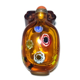 FINE CHINESE PEKING GLASS SNUFF BOTTLE MILLIFIORI AMBER GLASS