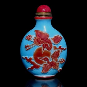FINE CHINESE PEKING GLASS SNUFF BOTTLE STORKS SUN QIANLONG SEAL