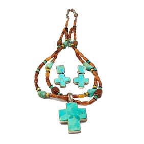 SUPERB SOUTHWESTERN NECKLACE EARRINGS TURQUOISE CROSS BY BARSE 925 SILVER