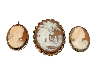 LOT OF 3 BEAUTIFULLY CARVED VINTAGE SHELL CAMEOS BROOCHES / PENDANTS