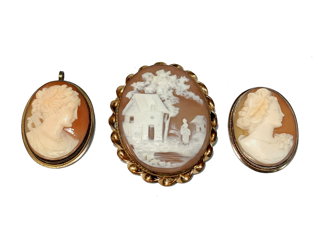 LOT OF 3 BEAUTIFULLY CARVED VINTAGE SHELL CAMEOS BROOCHES / PENDANTS (1 of 3)