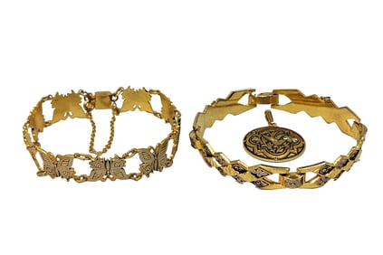 A FINE VINTAGE DAMASCENE LOT BRACELETS PENDANT