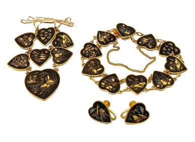 A LOT OF VINTAGE JAPANESE DAMASCENE BRACELET LARGE BROOCH EARRINGS